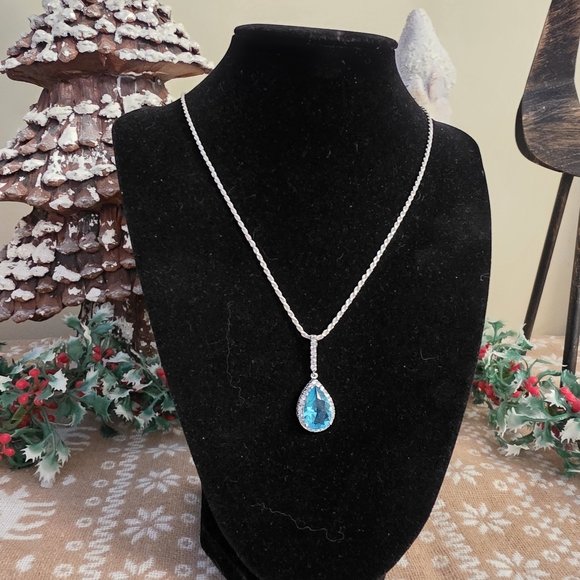 Blue And Clear Stone Drop Necklace On 24 Inch 925 Italy Chain - Picture 3 of 16